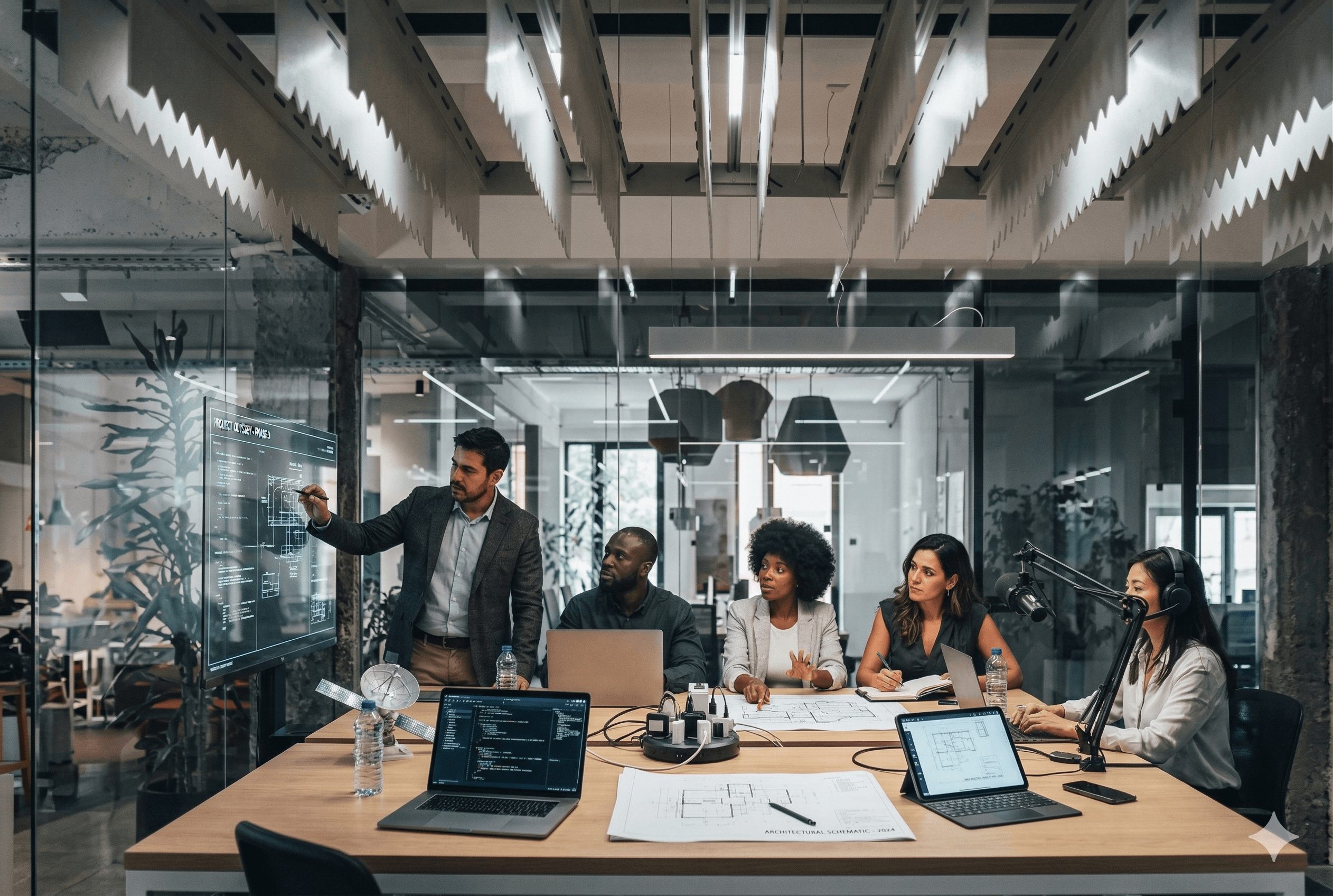 Strategiskt möte med stadsutsikt i bakgrunden