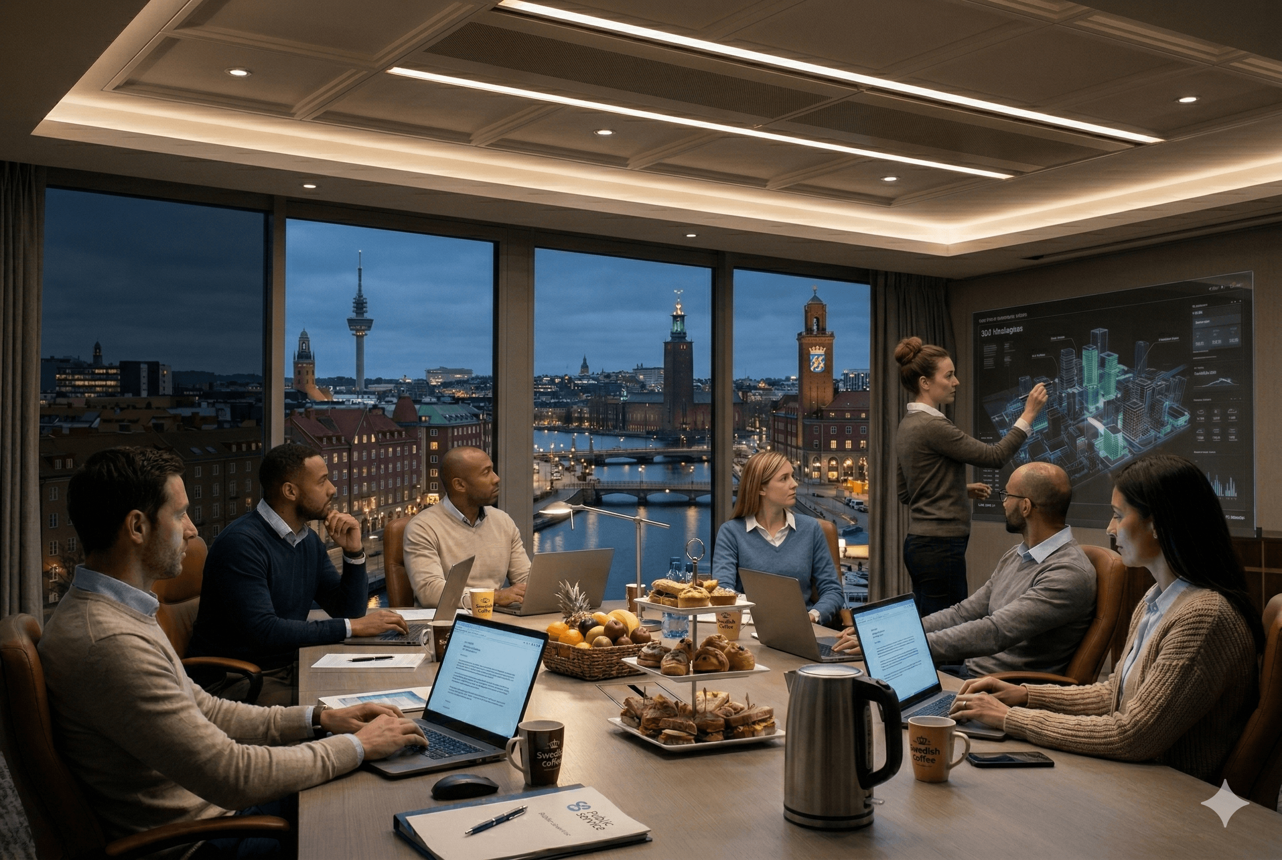 Strategiskt möte med stadsutsikt i bakgrunden