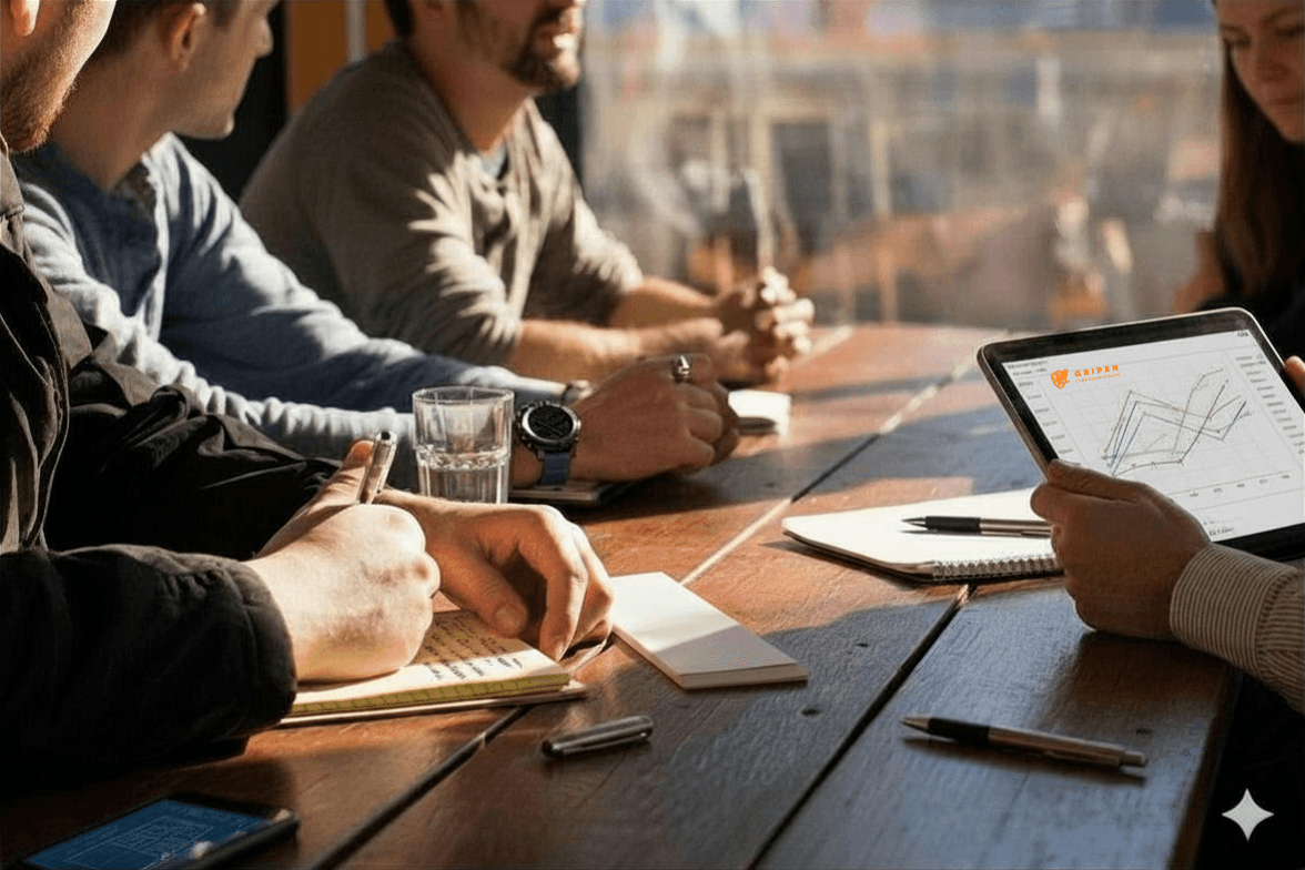 Strategiskt möte med stadsutsikt i bakgrunden